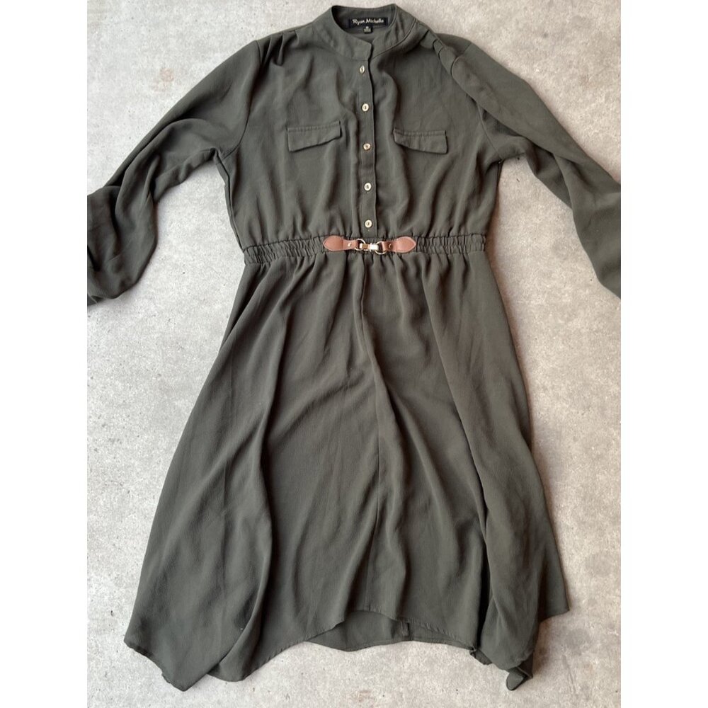 Ryan Michelle Long Ample Green Olive Dress with Gold Buttons + Belt Women’s Sz M